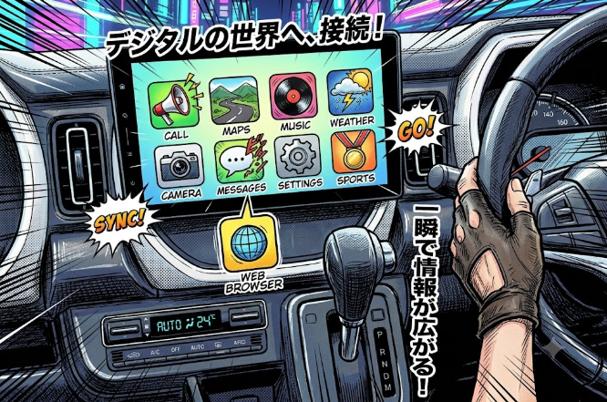 ディスプレイオーディオでCarPlay/Android Autoに接続し、電話・地図・音楽・天気・カメラなどのアプリが並ぶ車内のイメージイラスト