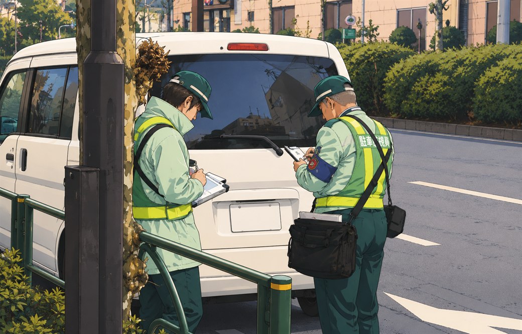 路上に停めた白い軽バンの後ろで、2人の駐車監視員が書類を手に取り締まりを記録しているイラスト