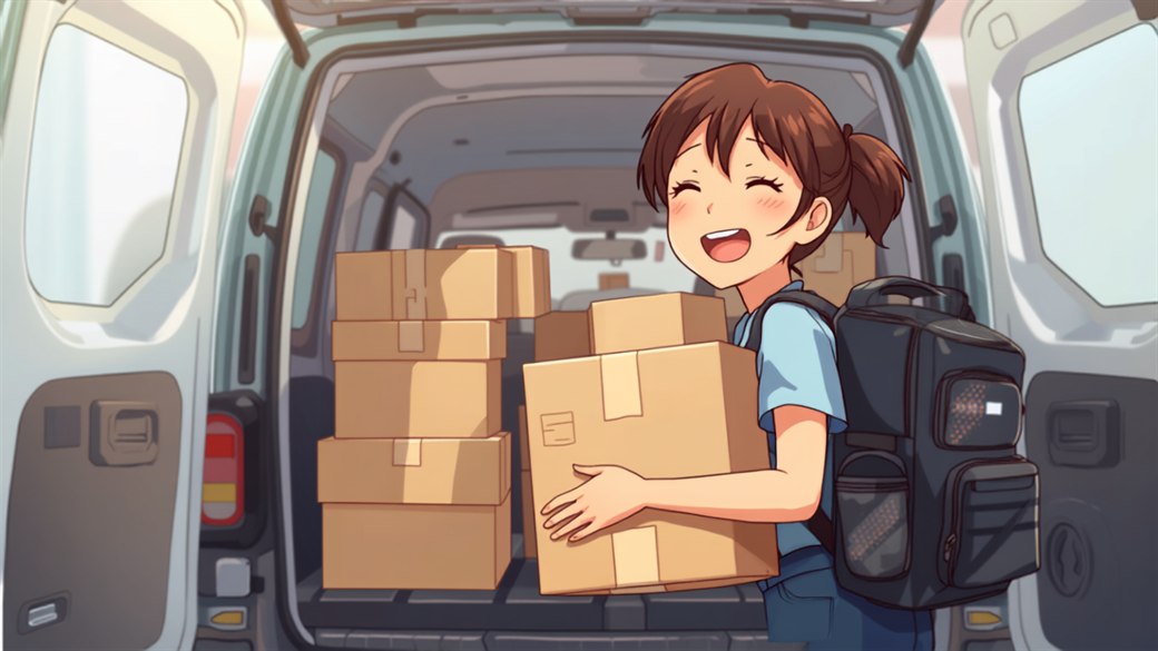 軽バンの荷台に大きな段ボール箱をたくさん積み込んで笑顔の配達員のイラスト