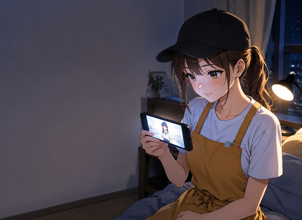 夜の自室のベッドに腰かけ、スマートフォンで配達の研修動画を見ている女性配達員のイラスト