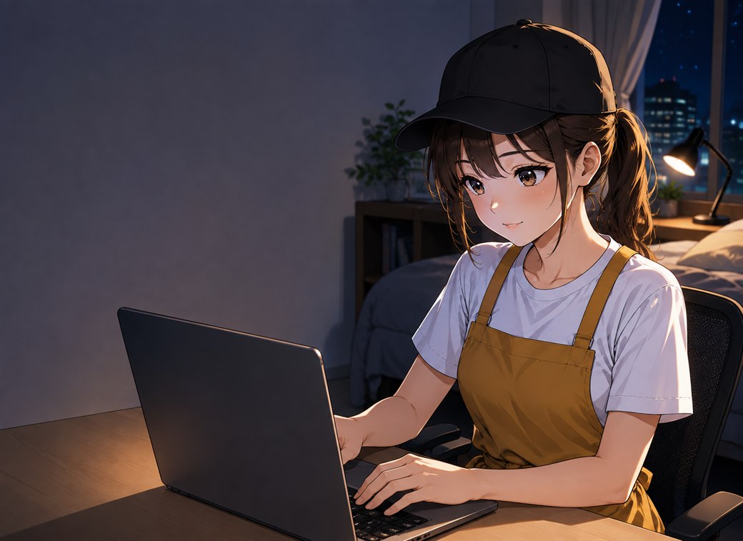 夜の自室で、ノートパソコンを開いて配達員の確認テストを受けている女性配達員のイラスト