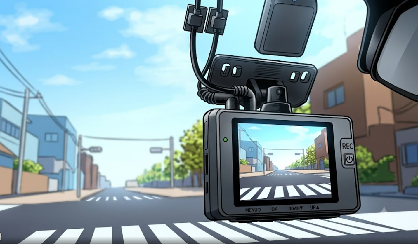 車のフロントガラスに取り付けられたドライブレコーダー本体と、フロントカメラを見上げるイメージイラスト