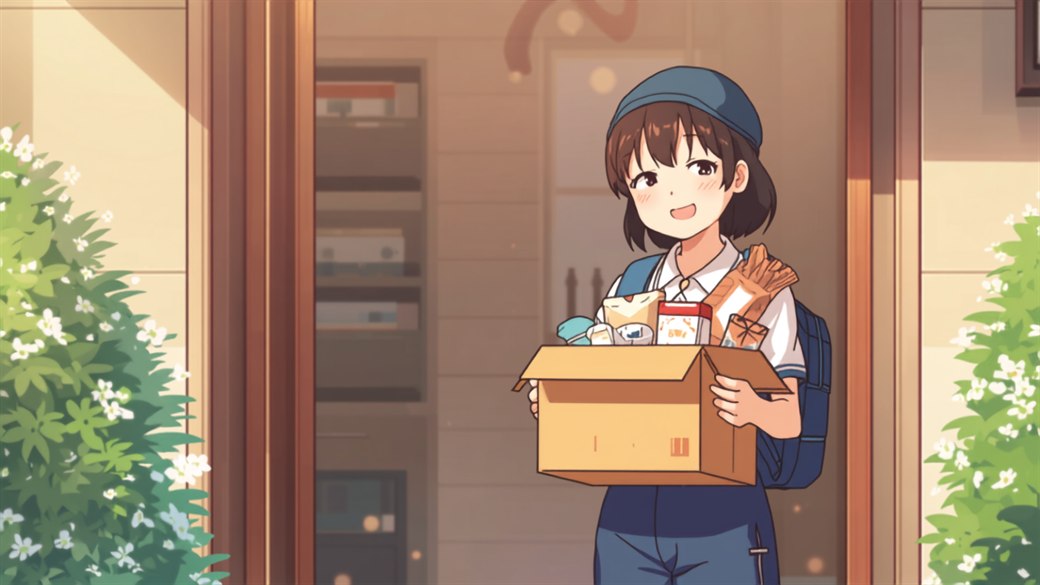 玄関先でふるさと納税の返礼品が入った箱を受け取り笑顔の配達員のイラスト