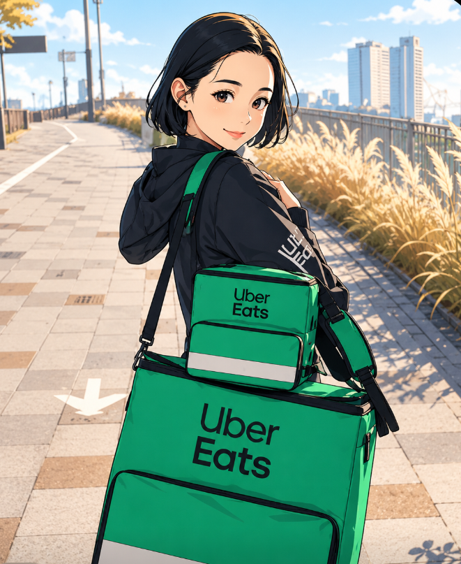 Uber Eatsの配達バッグを背負って歩く配達員のイメージイラスト