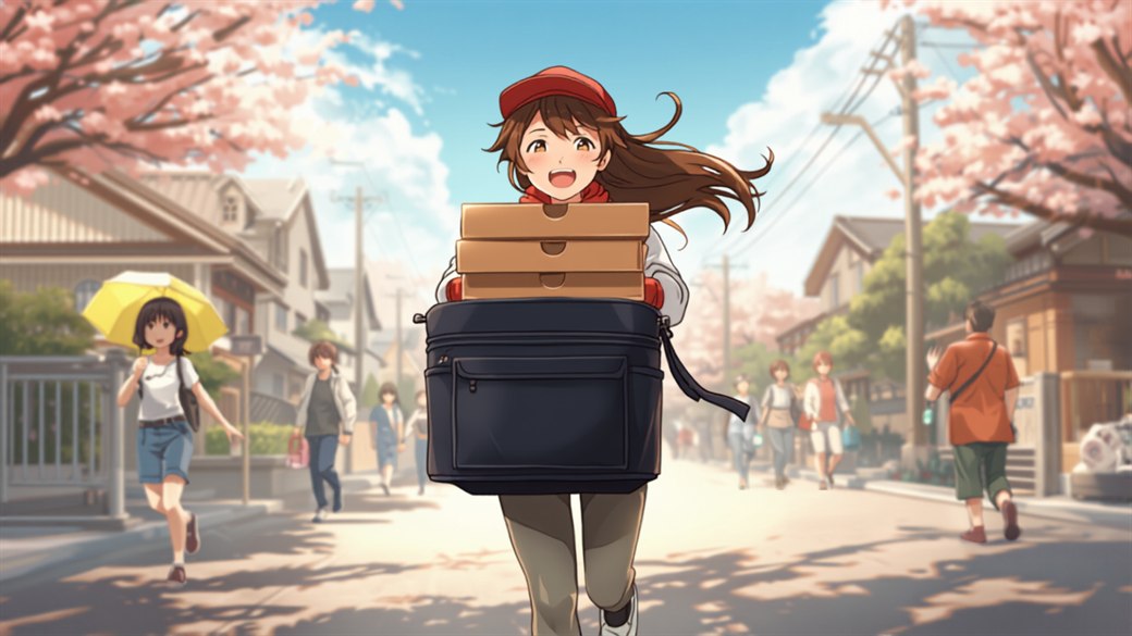 桜が咲く住宅街の道を、ピザの箱を保温バッグの上に重ねて抱え、笑顔で配達に向かう配達員のイラスト