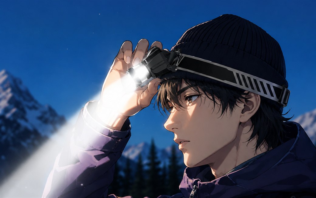 夜、ヘッドライトを額に装着して前方を照らす人物のイラスト。ライトの光が左側に伸びている