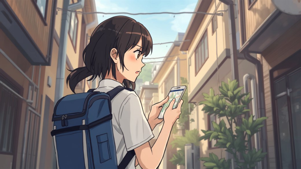 住宅街の路地でスマホの地図アプリを見ながら住所を確認している配達員のイラスト