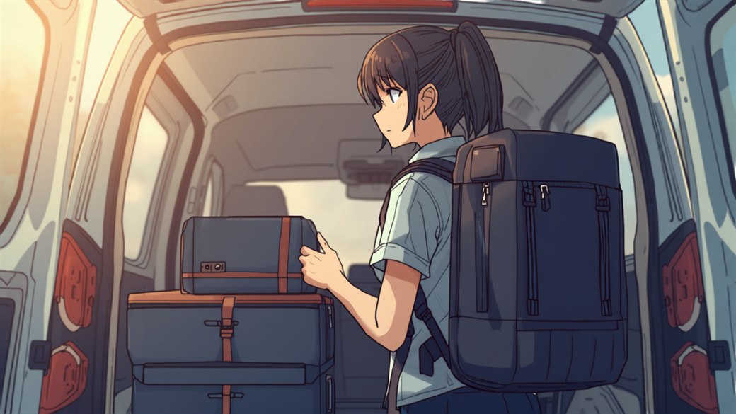 軽バンの荷台の前で配達員の女性が装備の箱を確認しているイラスト