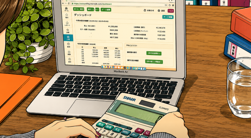 ノートパソコンの会計ソフトダッシュボードと電卓で確定申告の作業をしているイメージイラスト