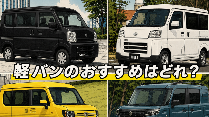 スズキ・エブリィ、ダイハツ・ハイゼット、ホンダN-VAN、スズキ・スペーシアベースの軽バン4車種を並べたイラスト「軽バンのおすすめはどれ？」