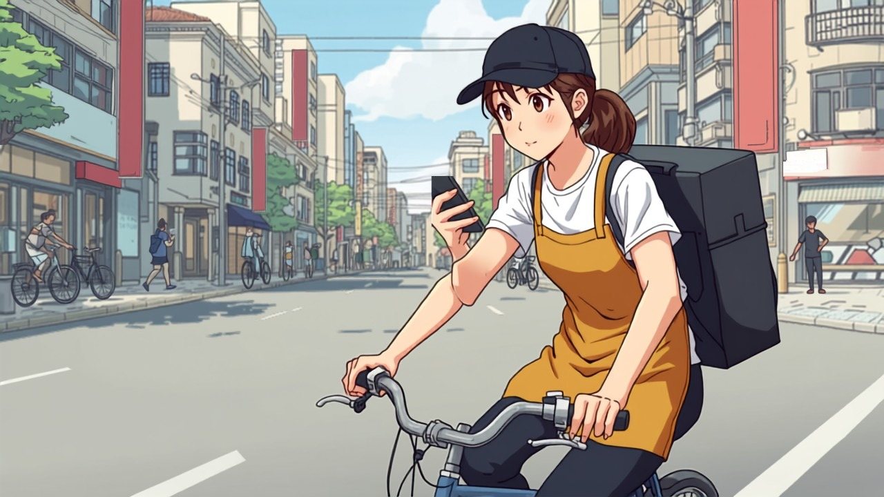 自転車で配達中、片手にスマホを持ってナビを見ながら走っている配達員の場面