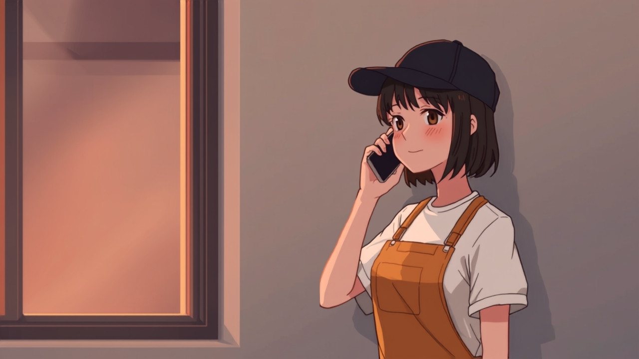 夕方の窓辺で、離れて暮らす親とスマホで通話しながら外を眺める配達員の場面
