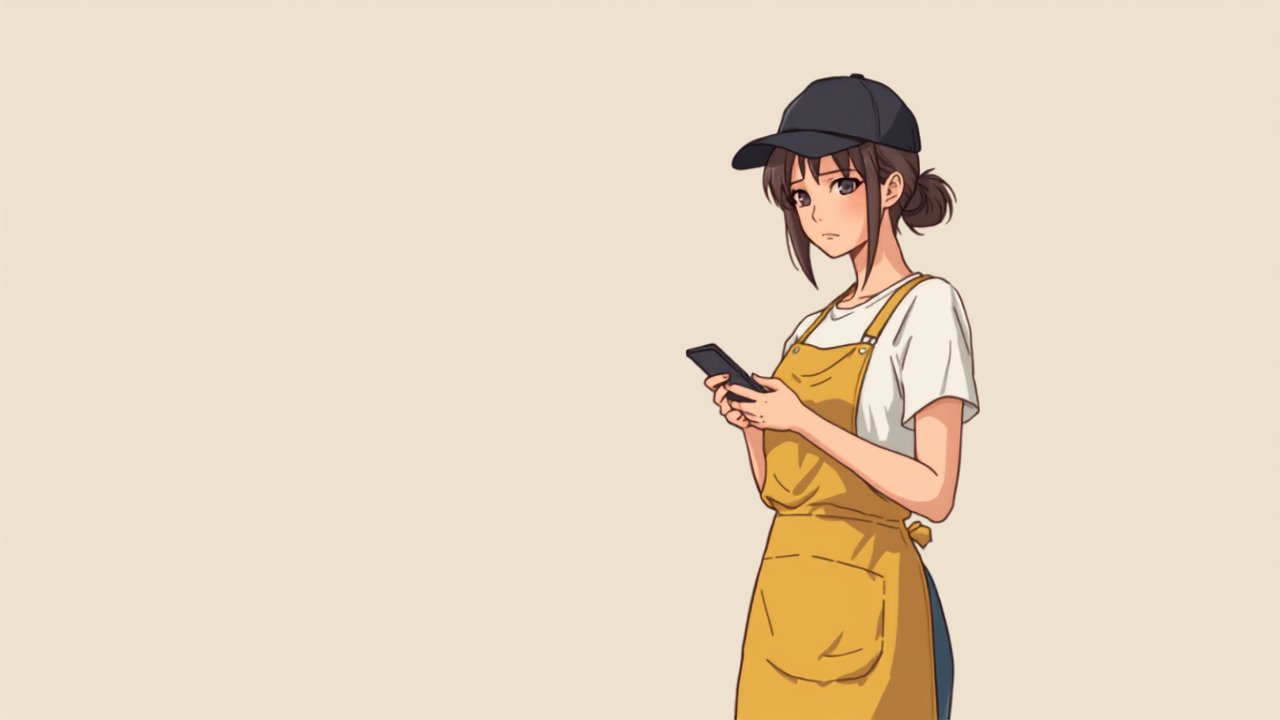 自宅でスマホを両手に持ち、乗り換え手続きが面倒そうで困った表情を浮かべる配達員の場面