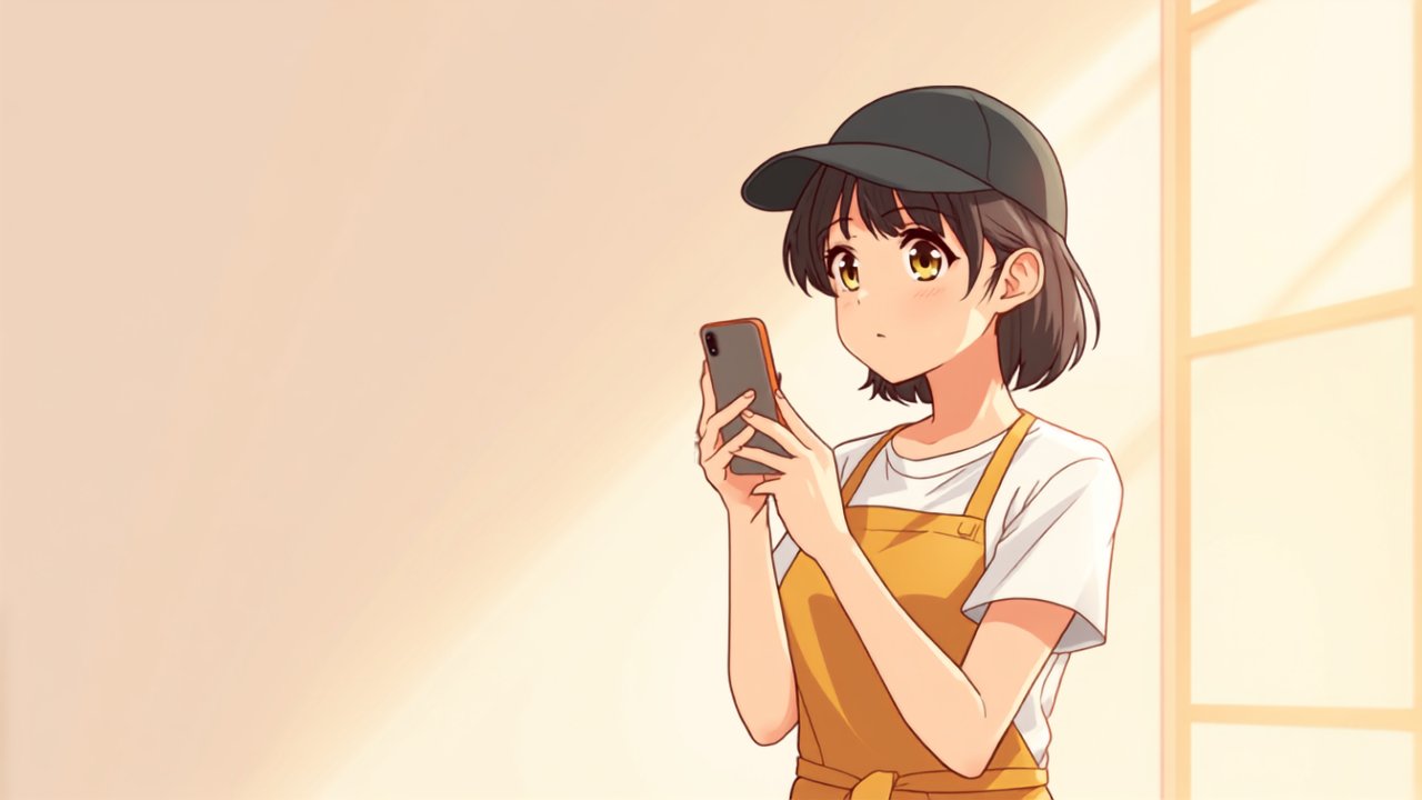 スマホのカメラで自分の顔を撮影して本人確認をしながら、驚いた表情を浮かべる配達員の場面