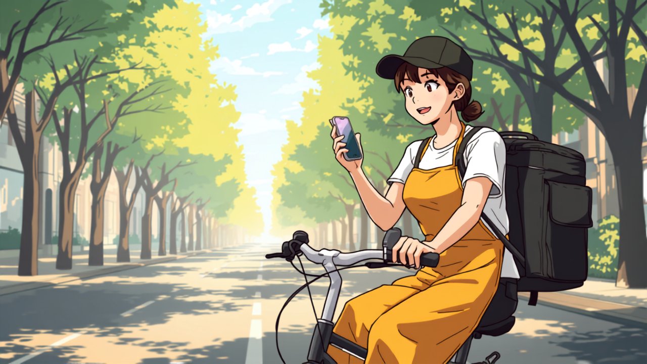 自転車に乗りながらスマホのナビ画面を見て、満足げに笑う配達員の場面