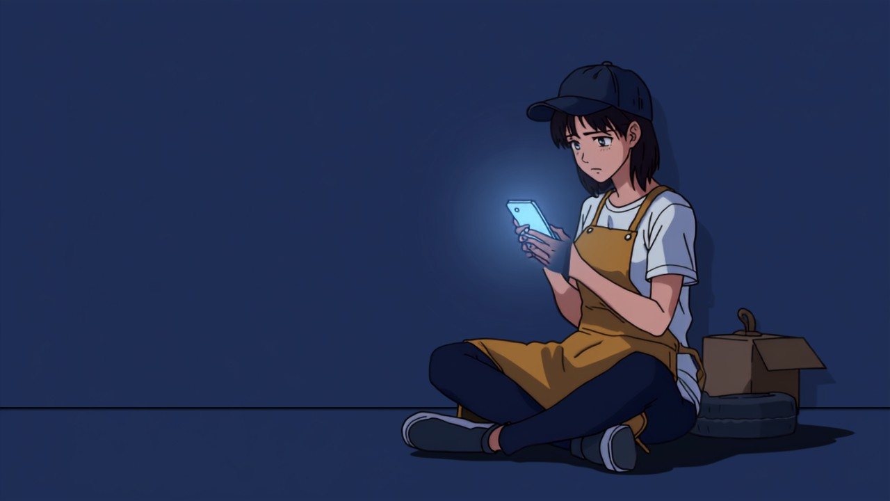 夜の部屋で、届いたタイヤや保冷バッグの箱のそばに座り、スマホで買い物をしながら出費に困る配達員の場面