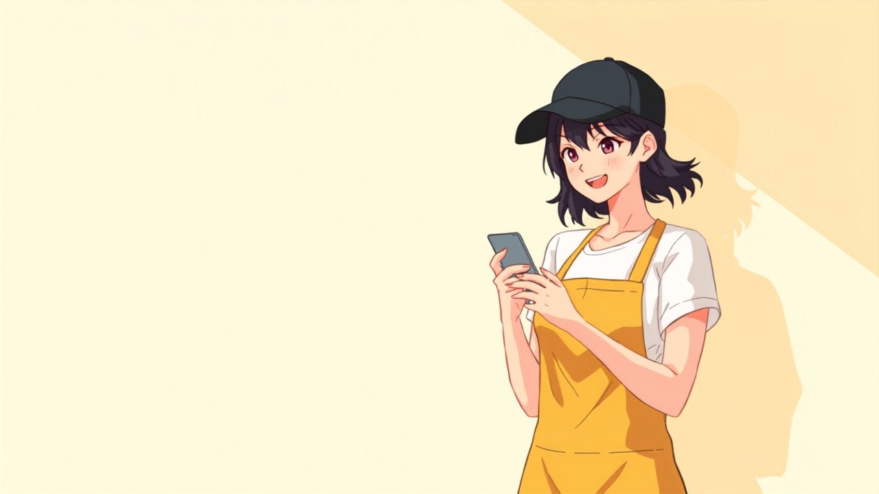 明るい部屋でスマホのポイント残高を見て、驚きながら笑顔になる配達員の場面