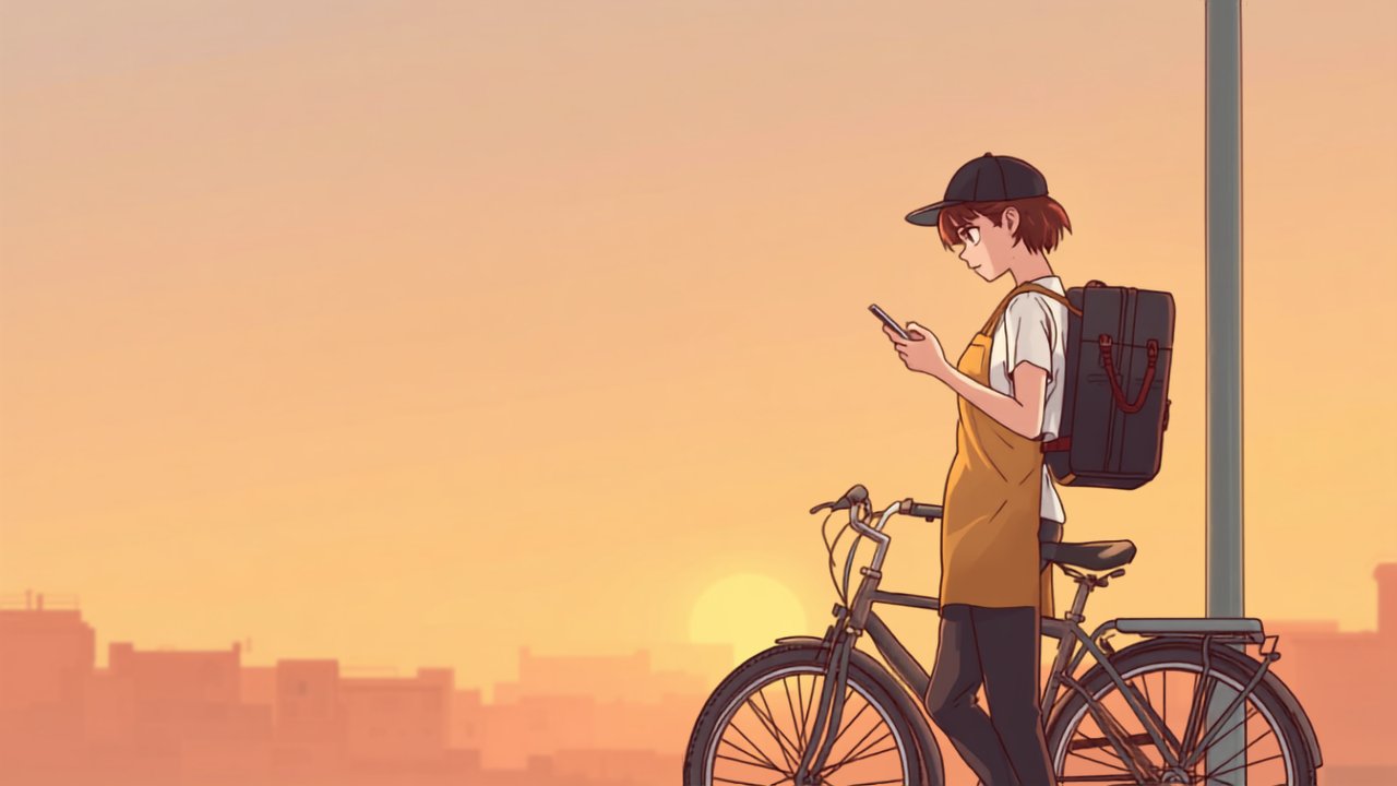 夕暮れの街角で自転車を止めた配達員が、スマホの通信量を見て困った顔をしている場面