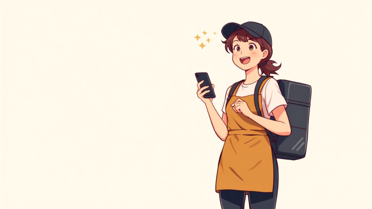 配達員がスマホを手に、目を輝かせて笑顔になっている場面
