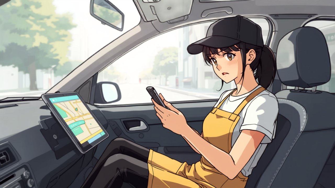 車内でダッシュボードのタブレットナビを見ながら、スマホのテザリング残量を心配そうに確認する配達員の場面