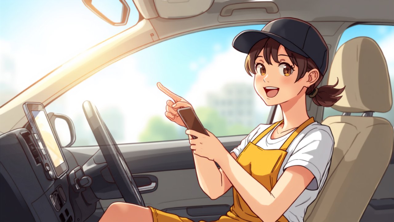 車内でタブレットとスマホをテザリングでつなぎ、目を輝かせて笑顔になる配達員の場面