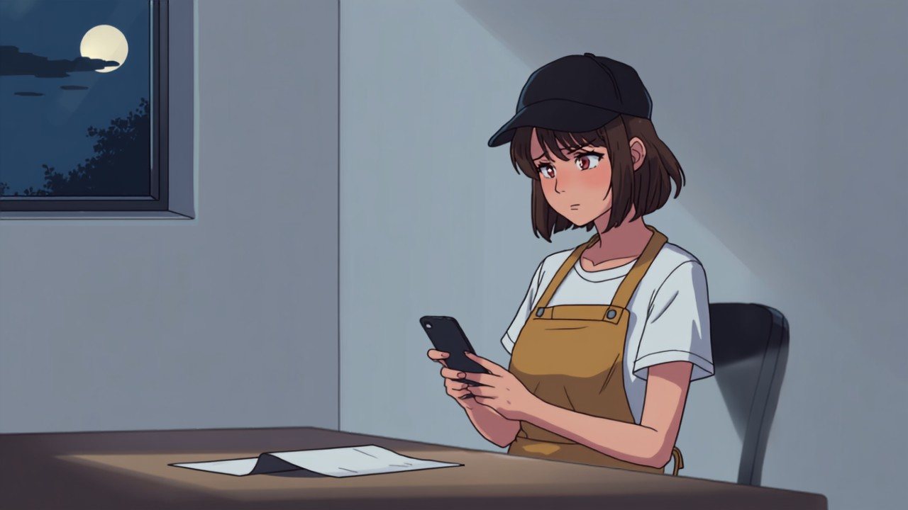 夜の自宅の机で、スマホの料金画面と紙の請求書を前に困った顔をする配達員の場面