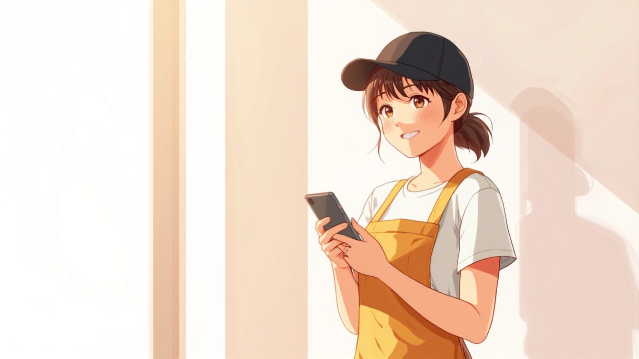 朝の光が差す部屋で、安くなった料金をスマホで見て笑顔になる配達員の場面