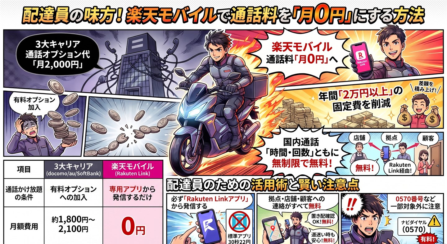 3大キャリアの通話かけ放題オプションは月約1,800〜2,100円かかるのに対し、楽天モバイルはRakuten Linkアプリから発信すれば国内通話が時間・回数とも無制限で0円になることを示した図解