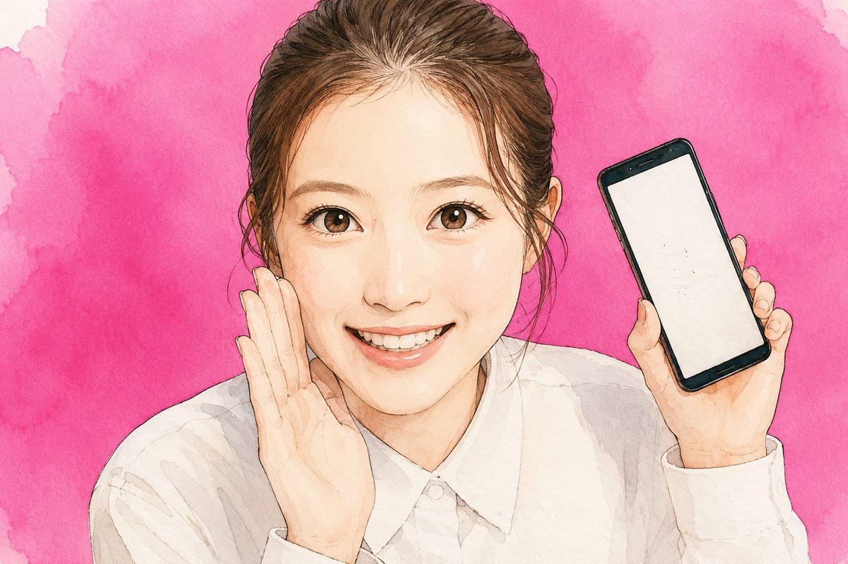 スマートフォンを手に持って画面を見せながら笑顔で立つ女性のイラスト。配達用の2台目スマホを安く用意する話の導入イメージ