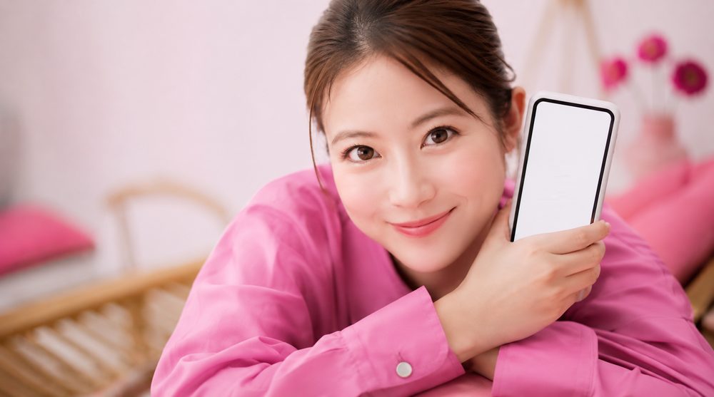 白い画面のスマートフォンを持ってくつろぐ女性の写真風イメージ。2台目のスマホ選びのイメージ