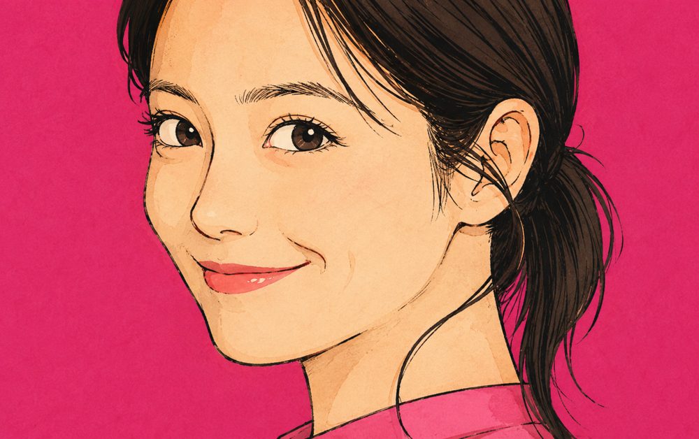 ピンクの背景で微笑む女性のイラスト。スマホの支払いが軽くなったイメージ
