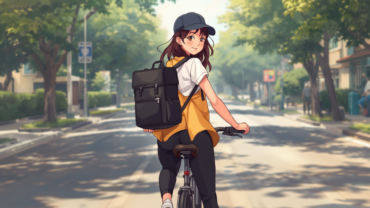 キャップをかぶり保温リュックを背負った女性のフードデリバリー配達員が、並木道で自転車にまたがったまま振り返って笑顔を見せている様子